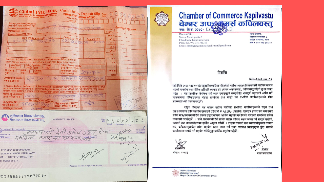 भोटेकोशी बाढीपीडितको राहतका लागि व्यापार संघ कपिलवस्तुको ५१ हजार १११ सहयोग